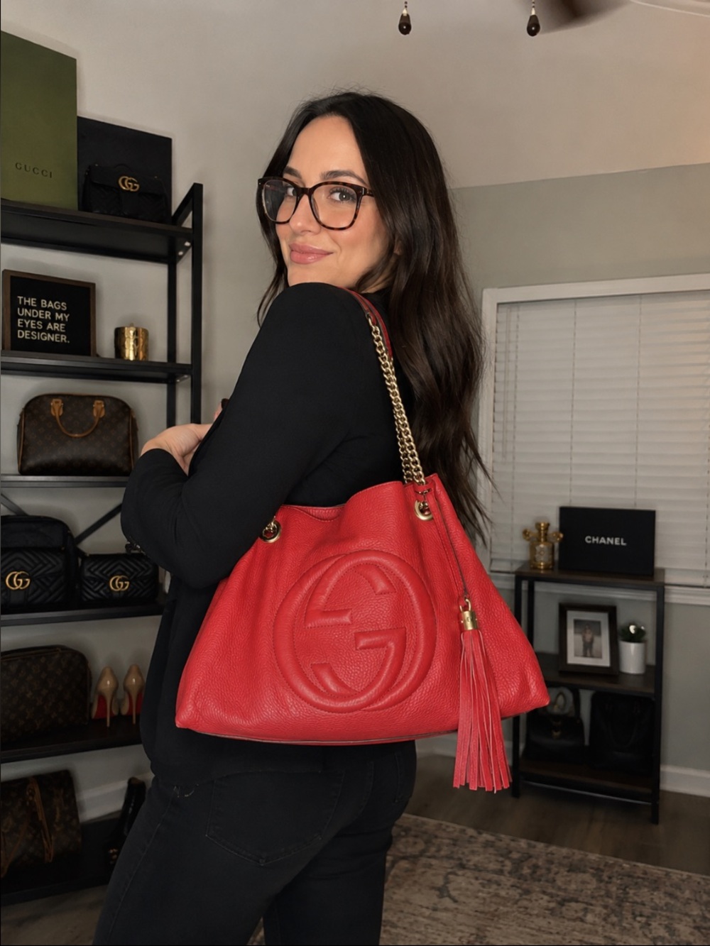Gucci Red Pebbled Leather Shoulder Bag with Tassel and Chain Straps - Picture 2 of 10